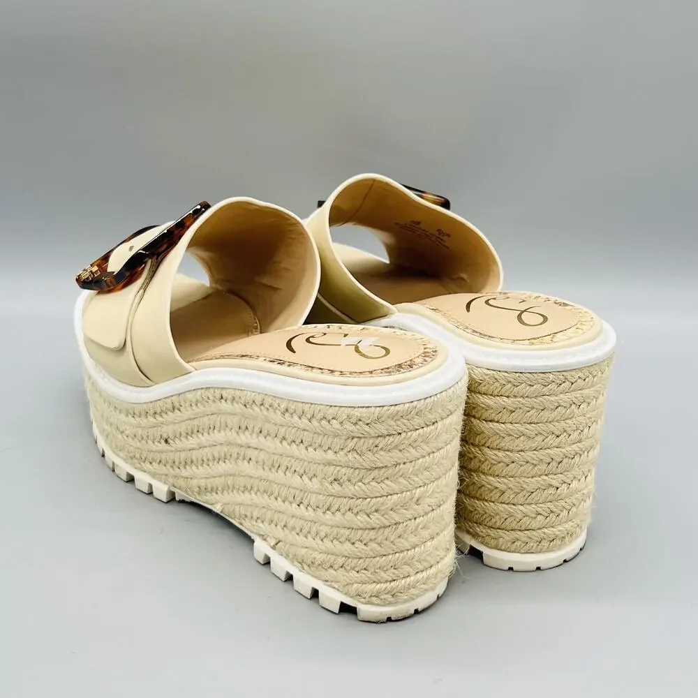 Sam Edelman Sandals Womens 7 Beige Leather Livi Espadrille Buckle Wedge Shoes